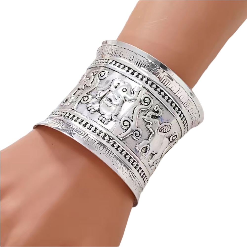 Boho Elephant Large Silver Cuff Bracelet